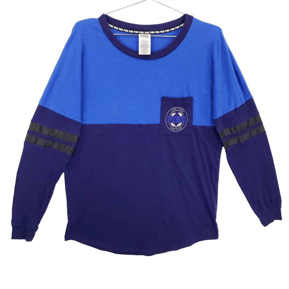 PINK Shirt Womens Small Blue Colorblock Raglan Sleeve Baseball‎ Style Casual Top
